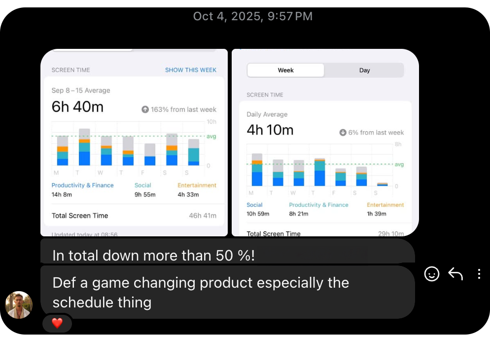Testimonial showing screen time reduction with SHIFT.